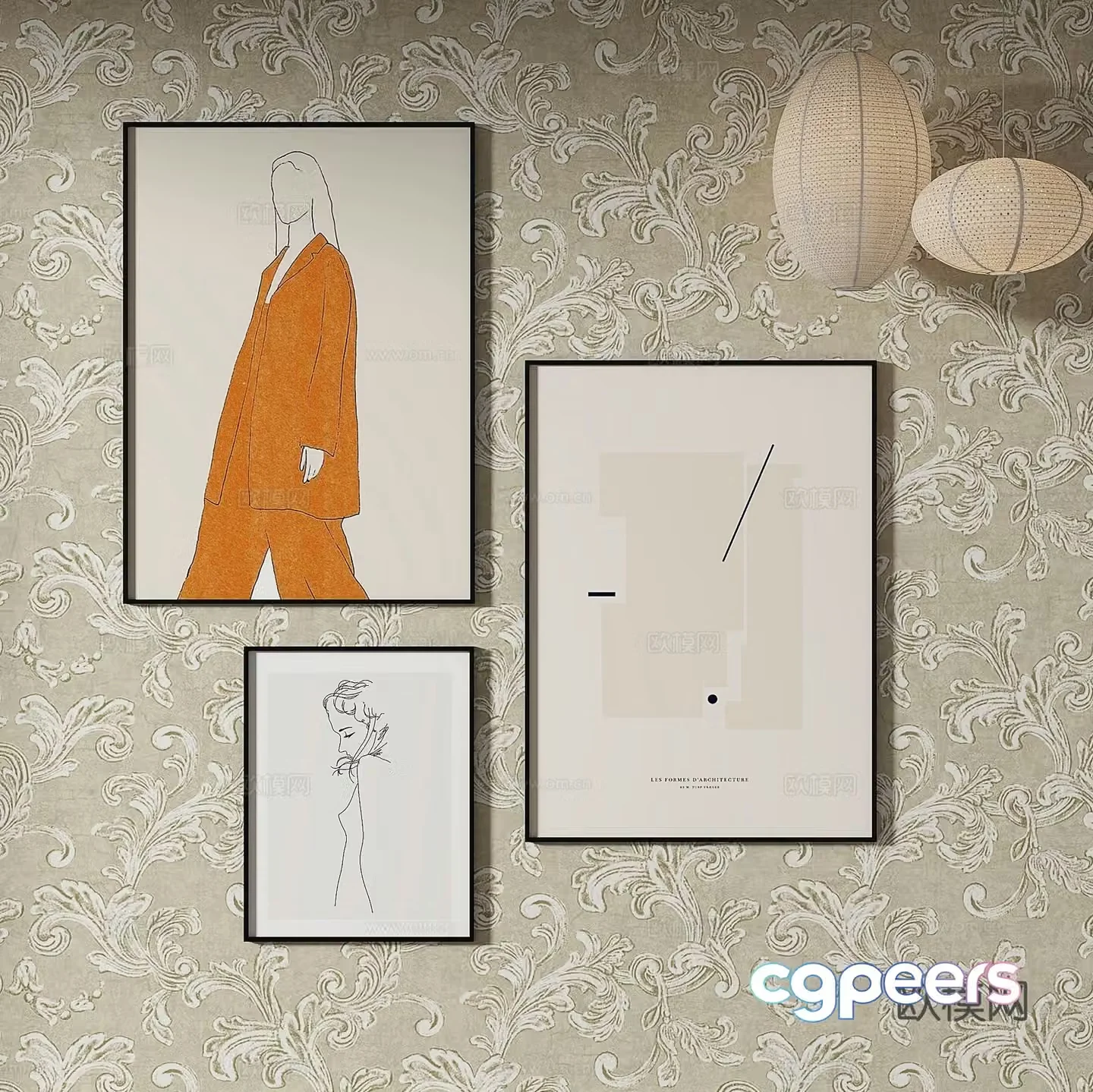 Simple European retro painting abstract painting decorative painting 3d model