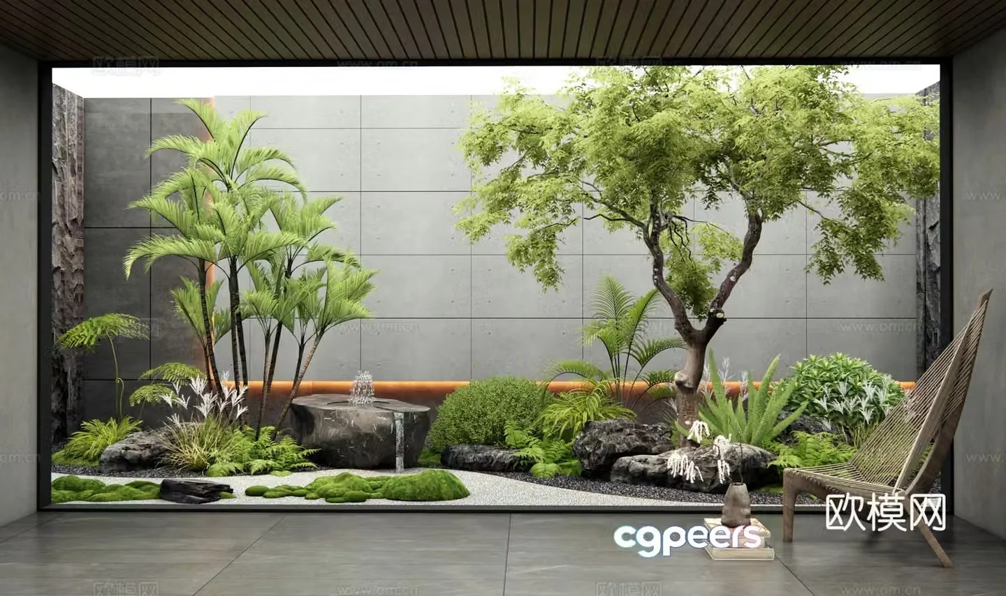 Modern interior landscape landscaping patio courtyard sketch stone moss plant landscaping water bowl 3D model
