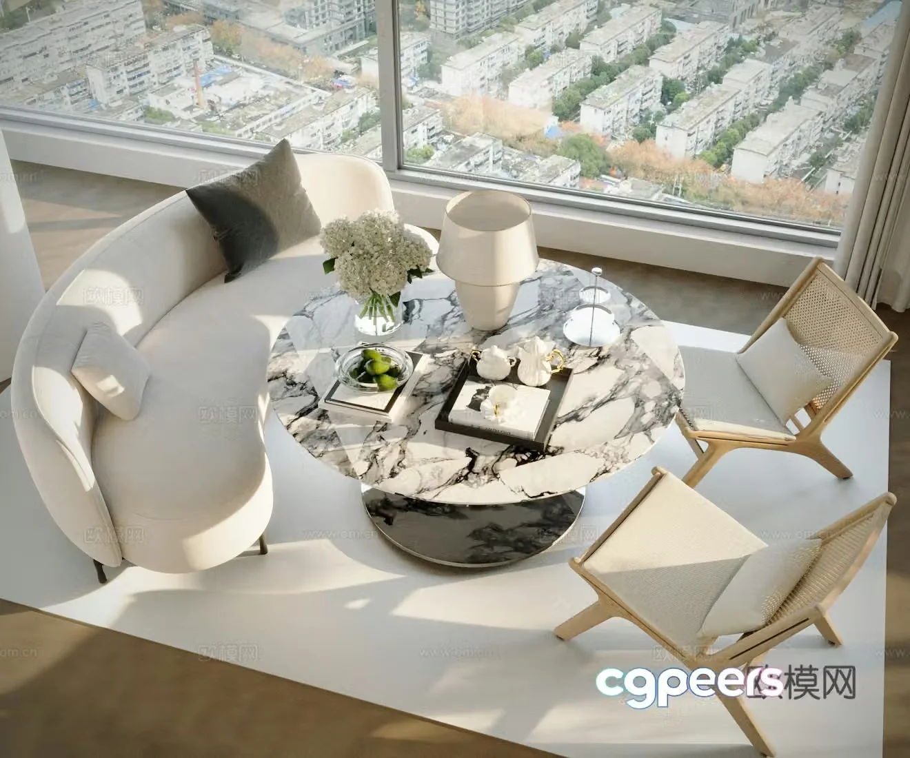 Modern sofa combination fabric sofa sofa coffee table combination log style leisure chair three-person sofa 3D model