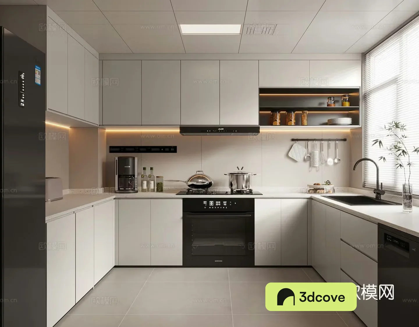 Modern cream kitchen cabinet kitchen utensils stove refrigerator kitchen appliances