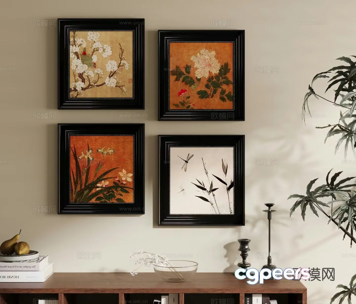 French Chinese living room decoration painting background wall combination 3D model
