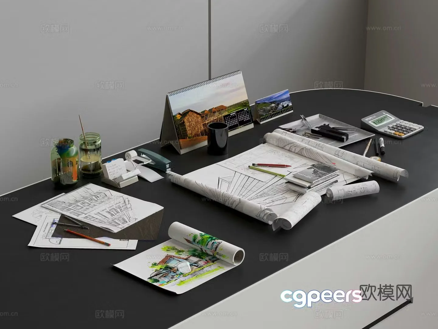 Office stationery combination hand drawing pen computer stapler calendar cup 3d model