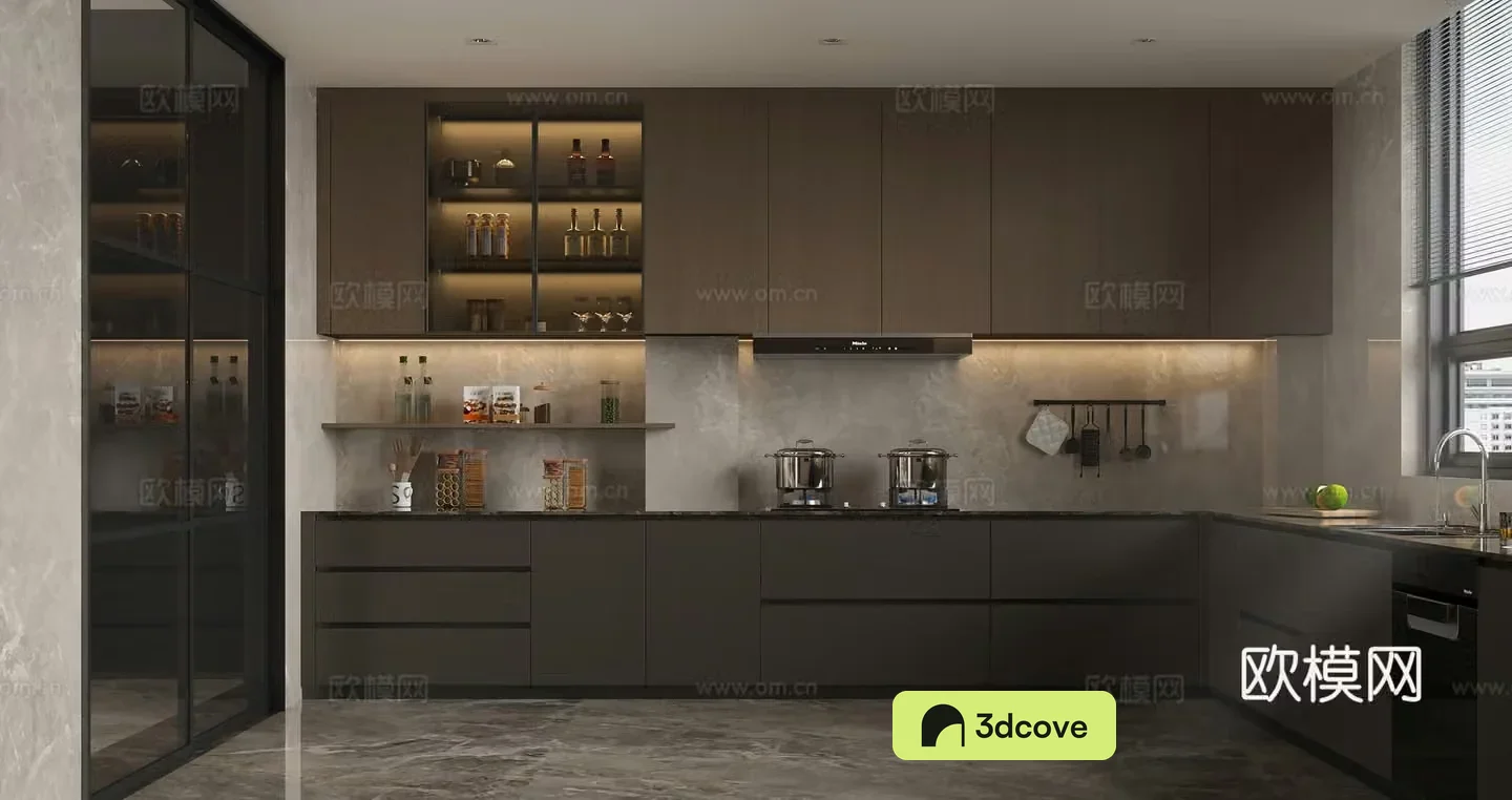 Italian minimalist kitchen L-shaped dark coffee-type kitchen ornaments gas stove range hood drawer glass hanging