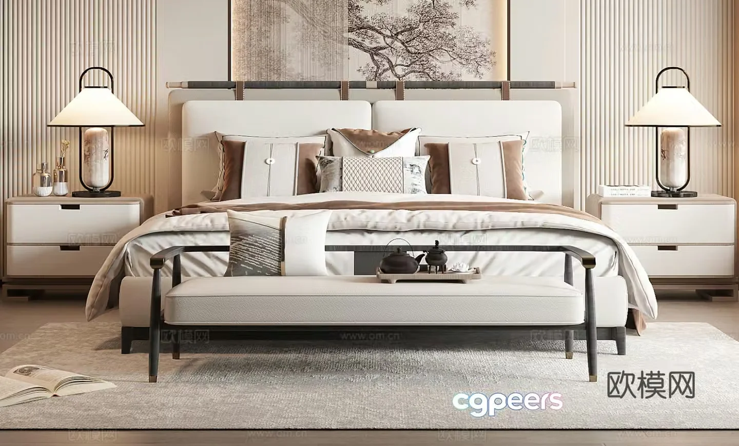 New Chinese style double bed 3D model