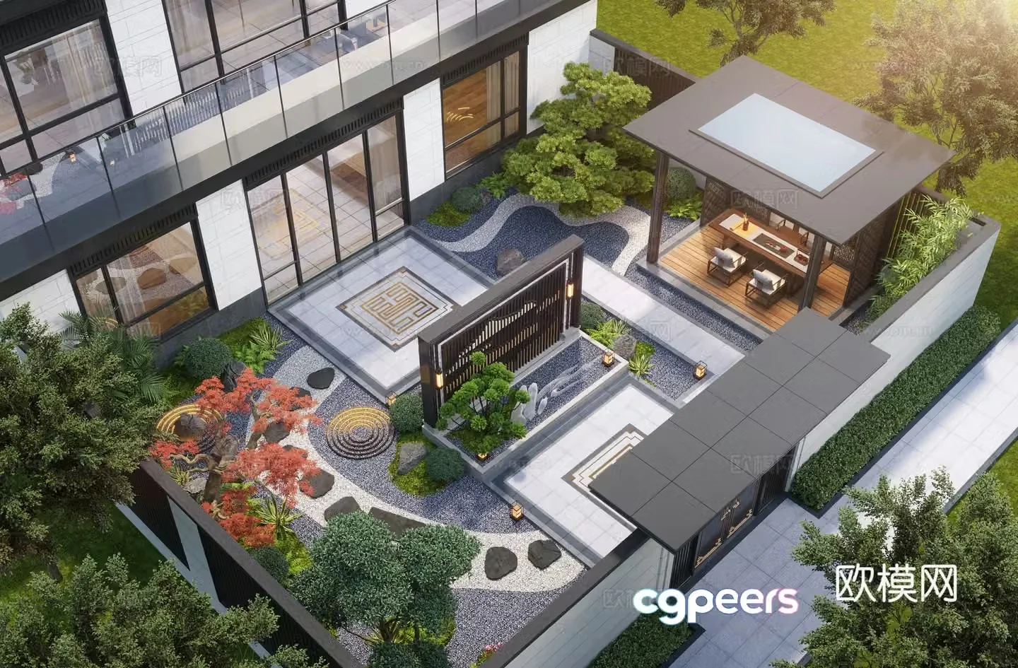 New Chinese style courtyard landscape family courtyard landscape sketch pavilion rockery waterscape landscape wall 3D model