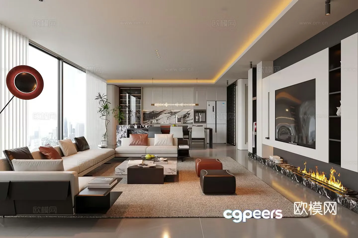 Modern living and dining room living room sofa coffee table combination TV background wall 3D model