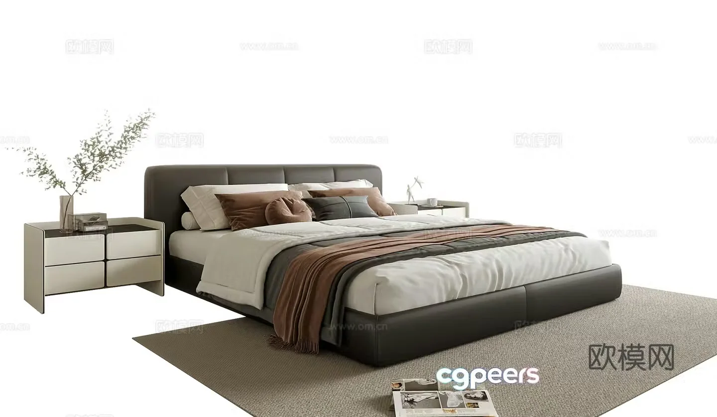 Modern double bed bedside table bedding 3d model