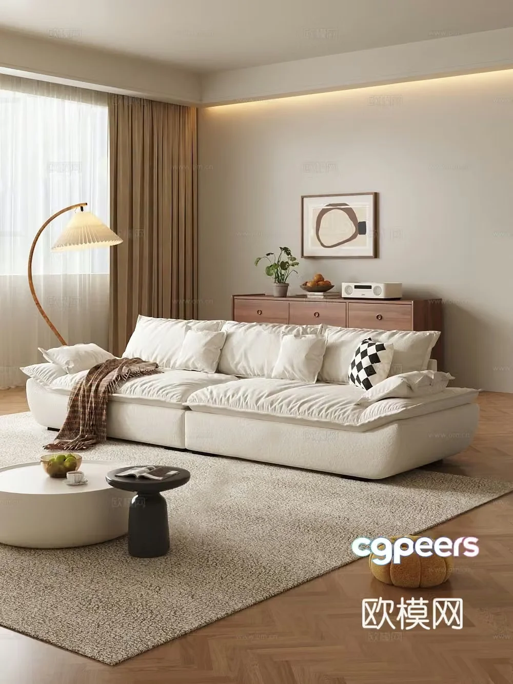Cream simple three-person sofa velvet sofa fabric sofa sailing sofa casual sofa 3d model