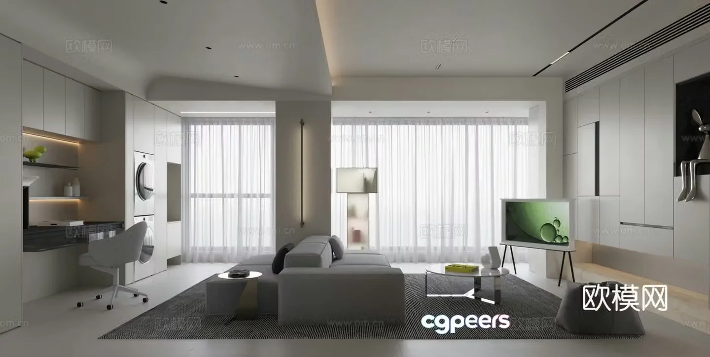 Living room sofa carpet coffee table hanging painting floor lamp restaurant 3d model