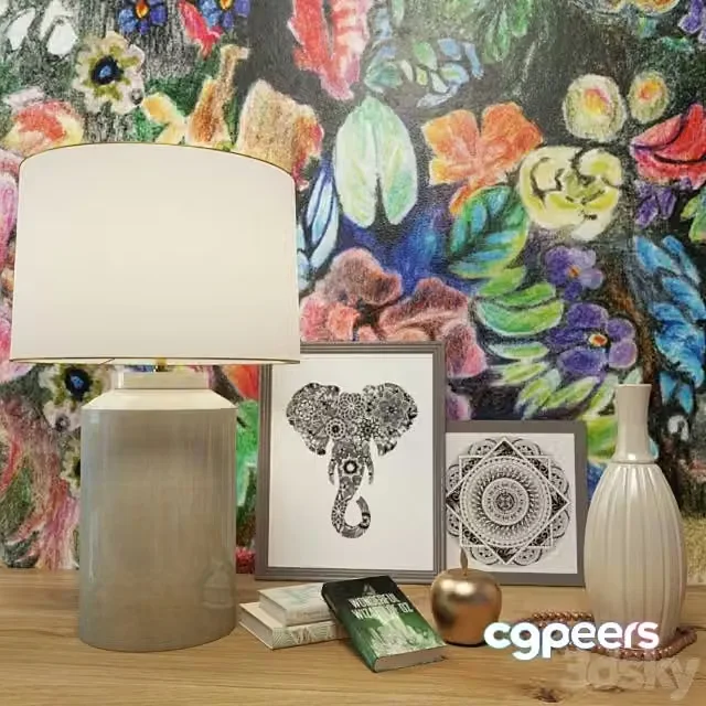 3ds Max Free – Decorative set (table lamp, picture, vase, books)