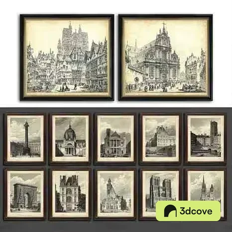 A Collection Of Framed Black And White Cityscape Paintings