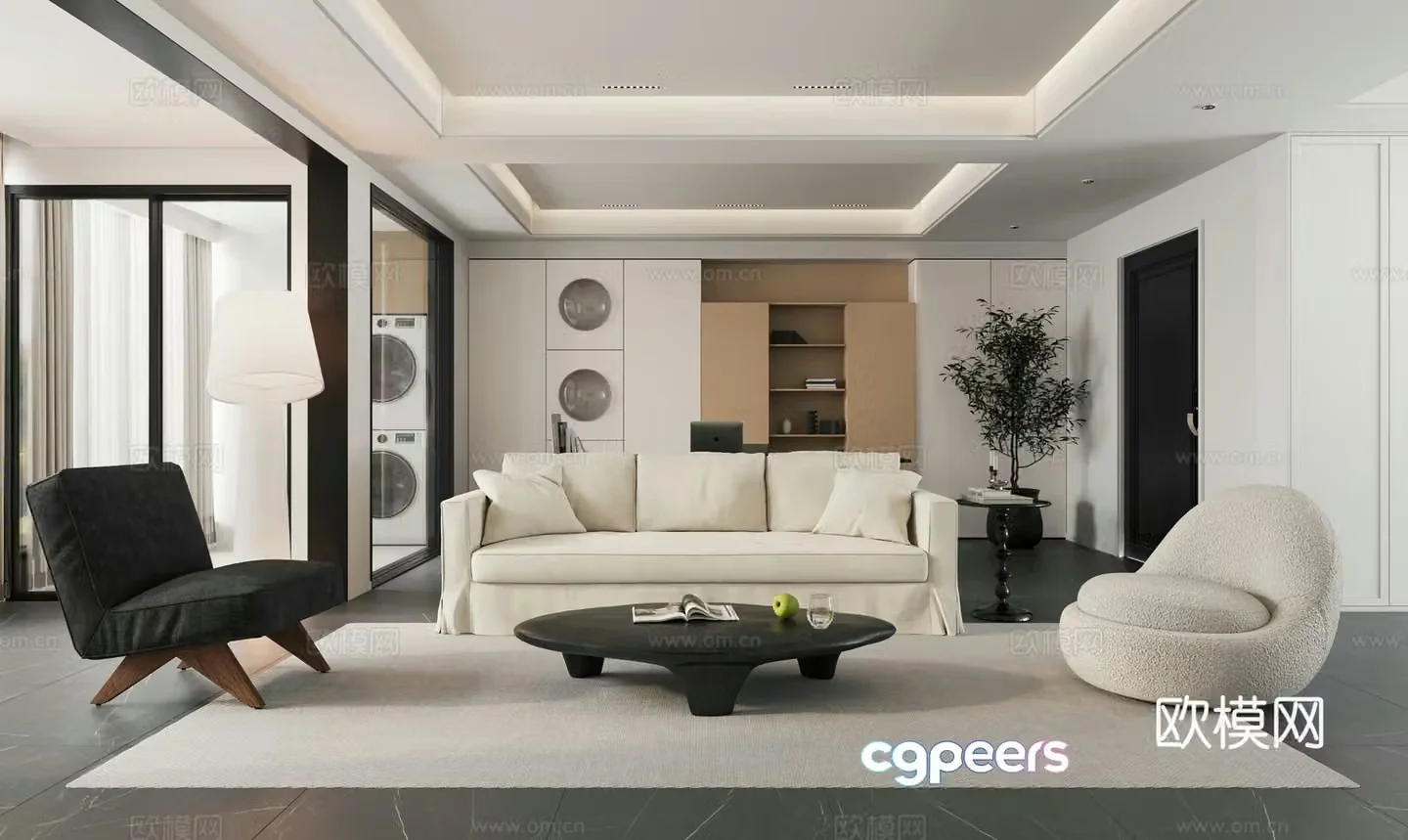 Modern minimalist home living room horizontal hall living room without lights black and white living room large flat living room guest 3D model