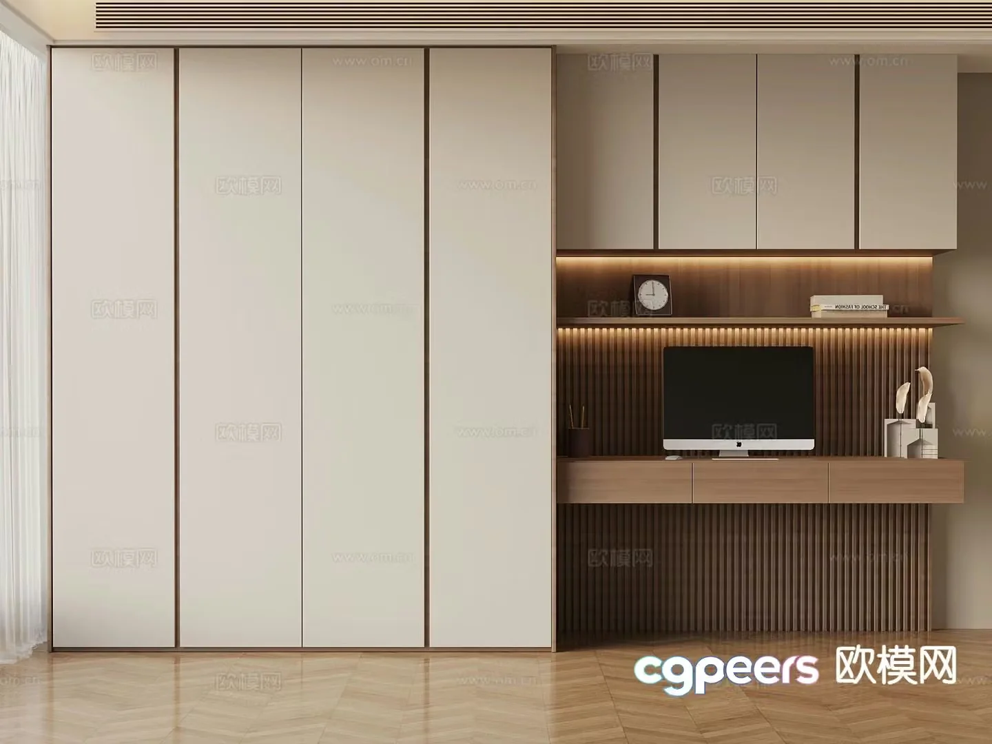 Modern minimalist wardrobe integrated desk 3D model