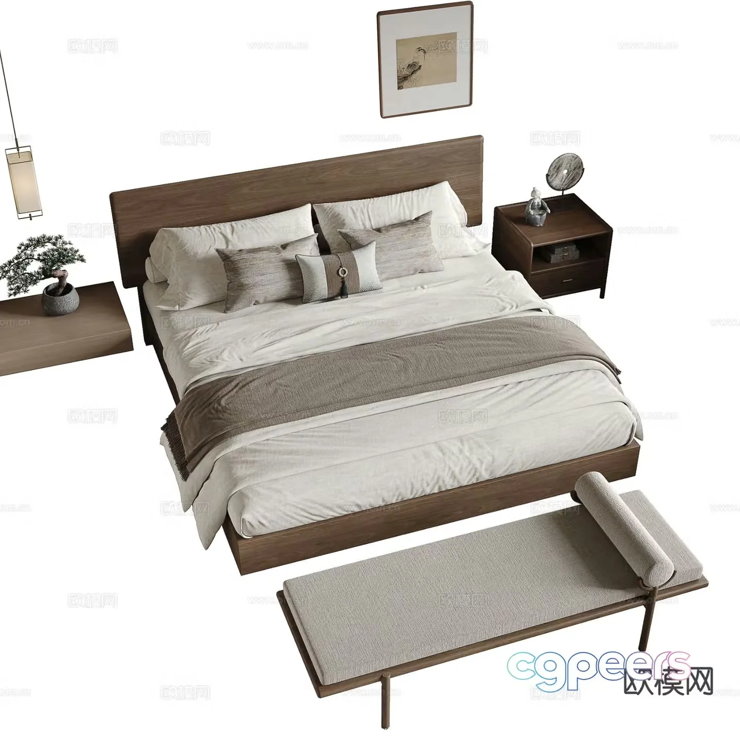 New Chinese style double bed 3d model