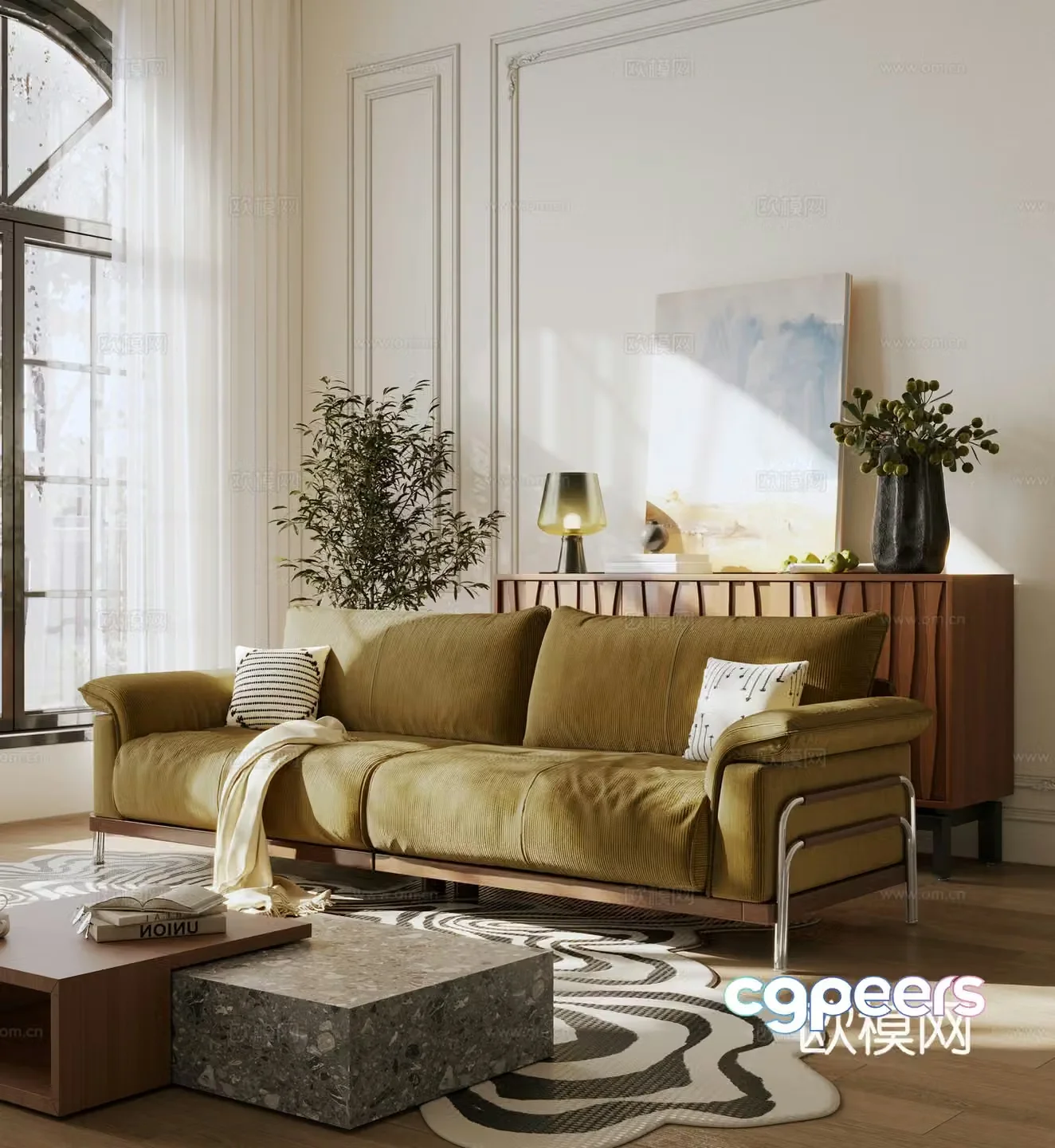 Modern medieval multi-person sofa cloth sofa casual sofa straight-row sofa 3D model