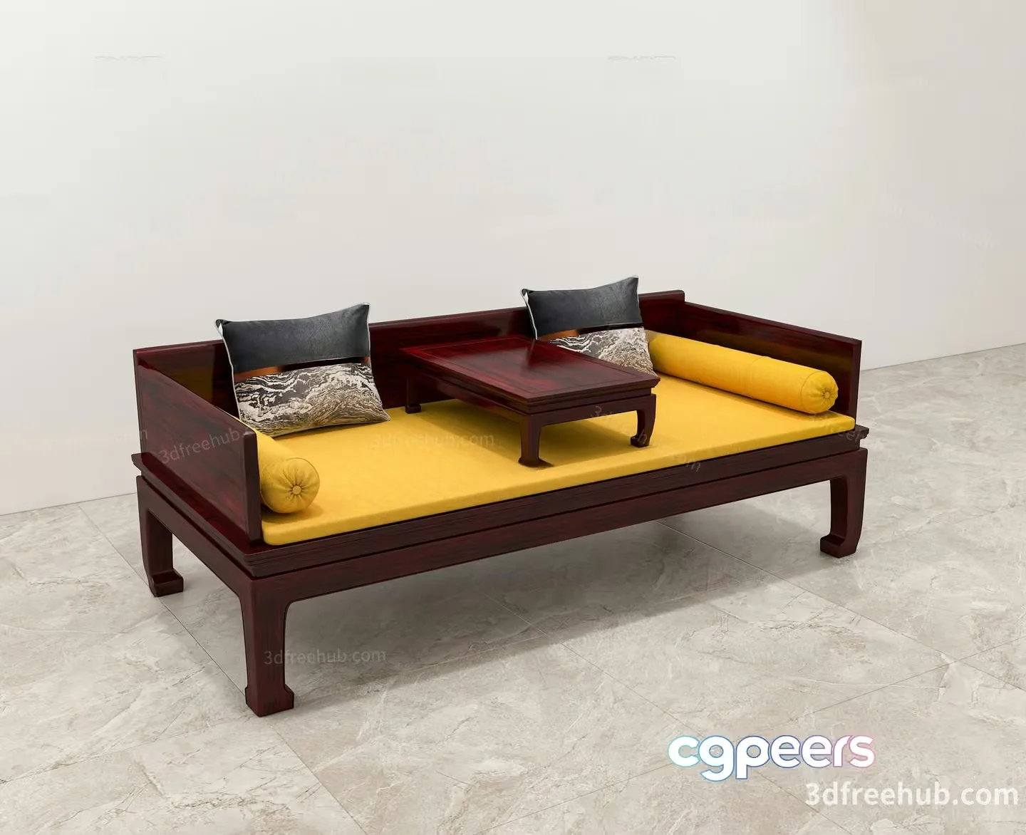 A Wooden Daybed With Yellow Cushions 3D Model – 21495 – VRAY Render