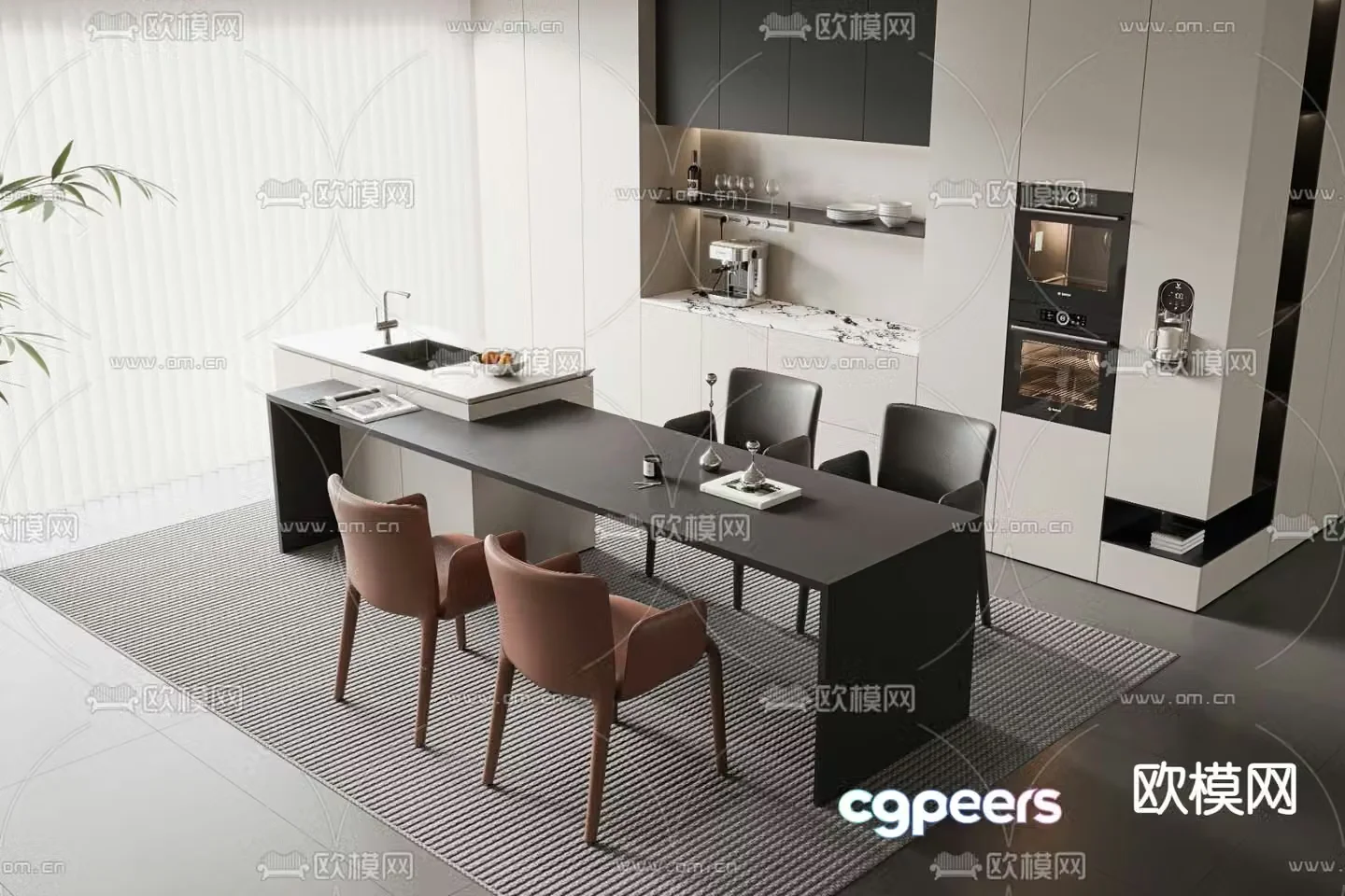 Modern island dining table and chairs 3d model