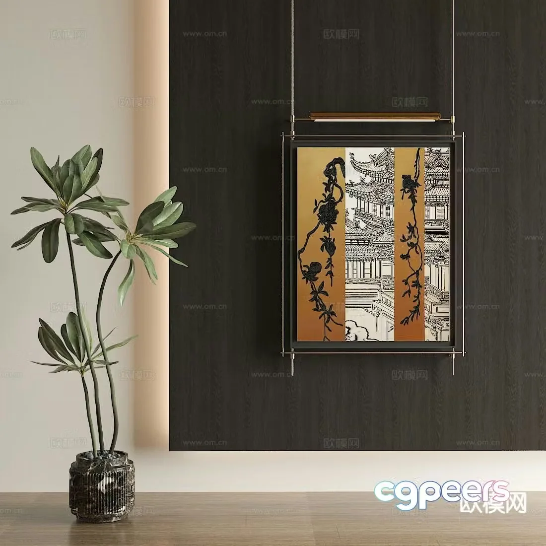 New Chinese style architectural painting decorative painting hanging painting 3D model