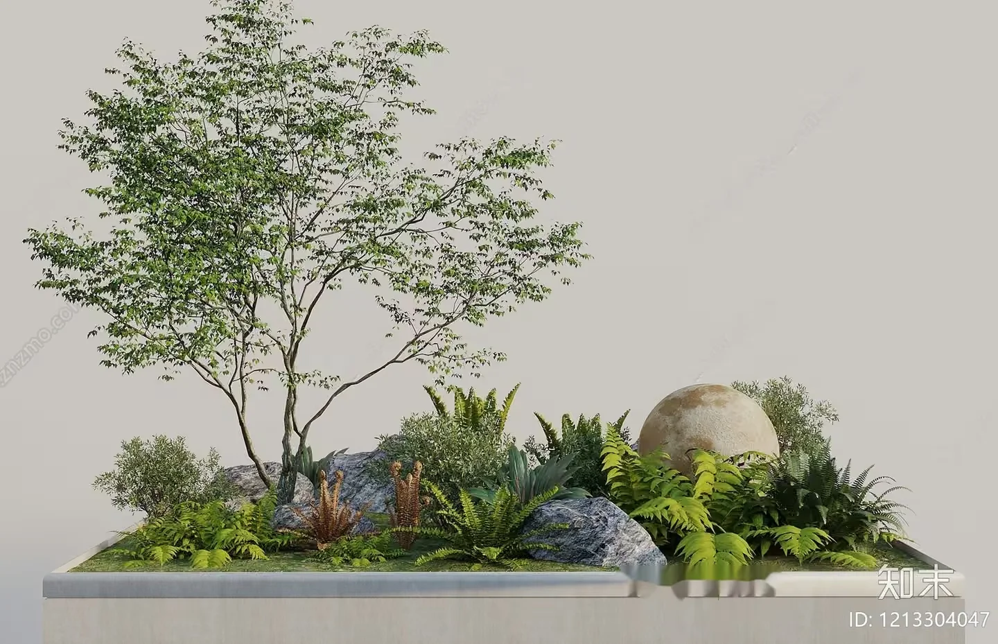 A Rectangular Planter With A Tree And Rocks 3D Model – 5520 – VRAY Render