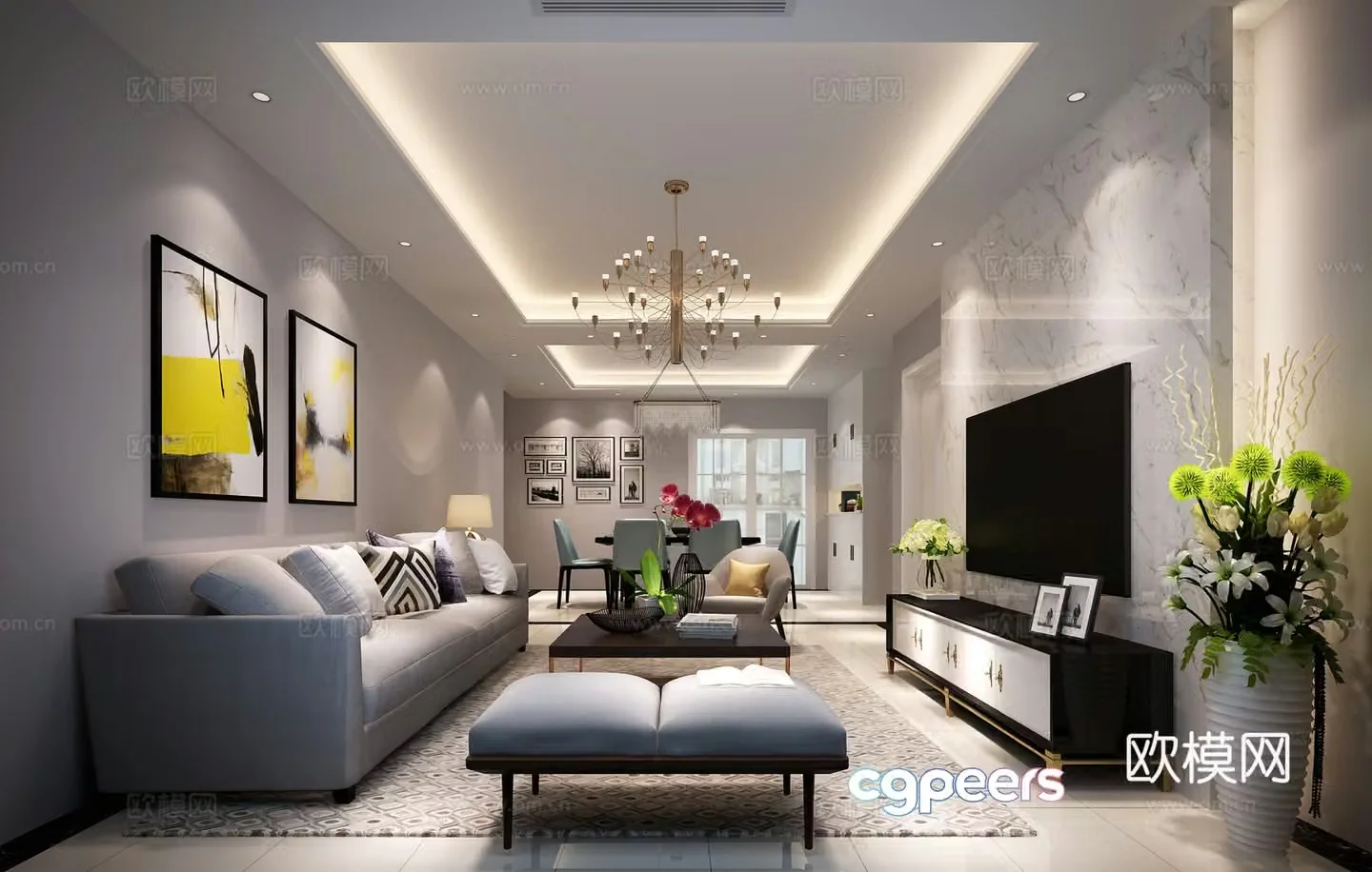 Modern living and dining room sofa coffee table chandeliers TV cabinet hanging painting dining table chair 3d model