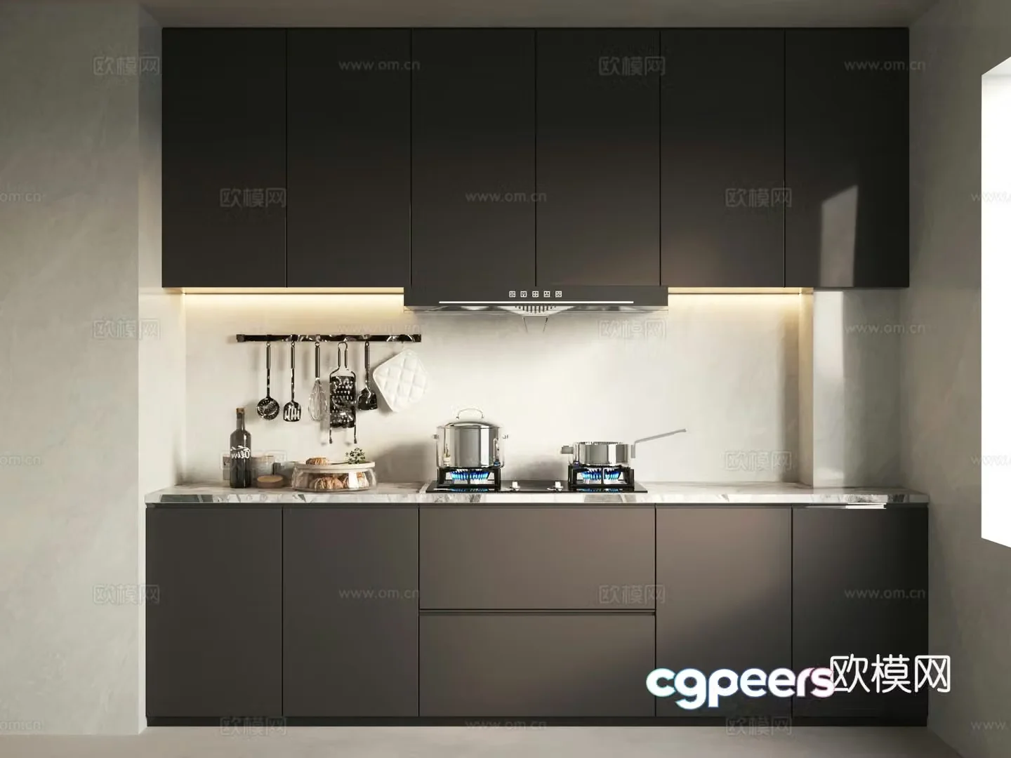 Modern simple kitchen cabinets Kitchen supplies Hot hood stove 3d model