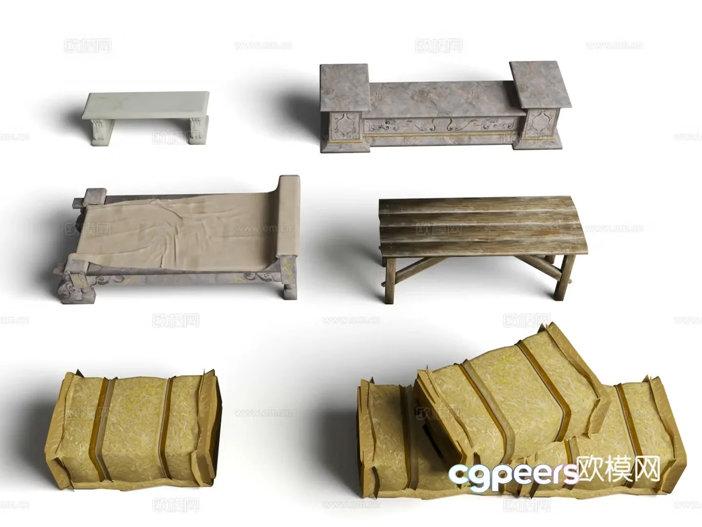 Wooden seats grains haystacks stone seats 3d model