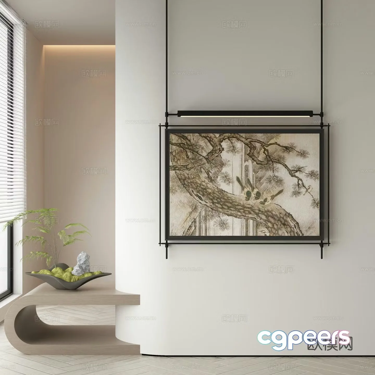New Chinese style decorative painting metal pole hanging painting 3D model