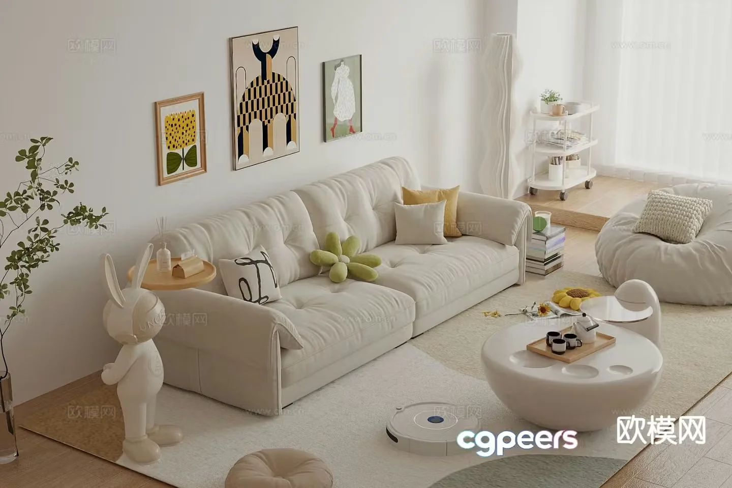 Cream style double sofa modular sofa 3d model