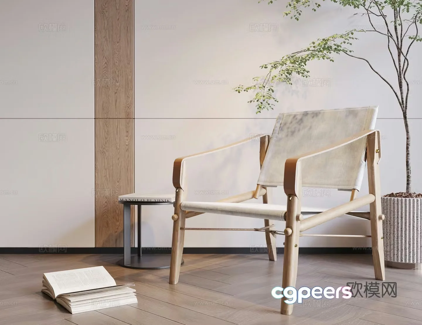 Modern log style leisure chair book chair sofa chair side table wooden chair green plant 3d model