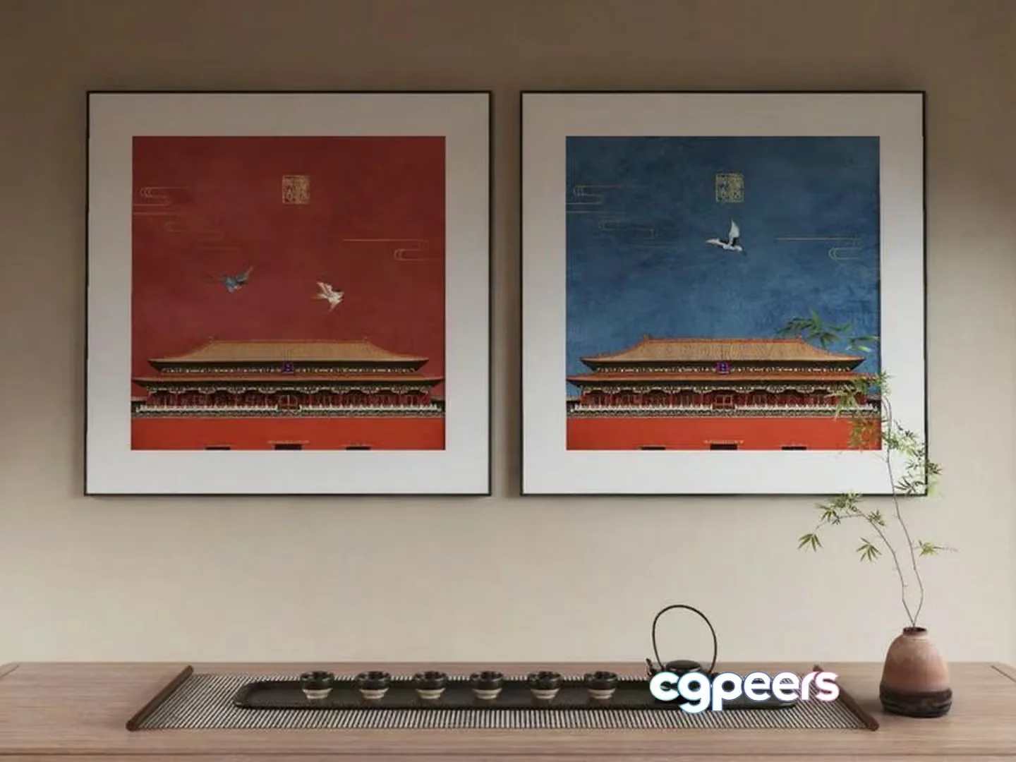 A Pair Of Framed Chinese-Style Paintings 3D Model – 11086 – VRAY Render