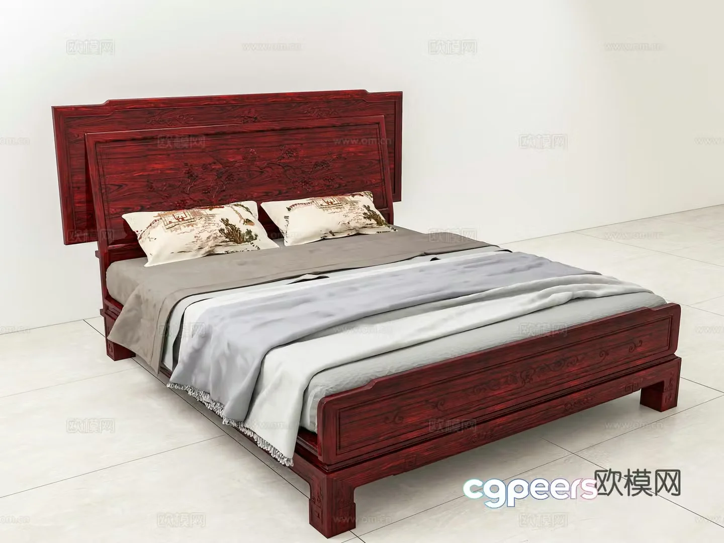 Chinese double bed low body bed carved bedside bed solid wood mahogany 3D model