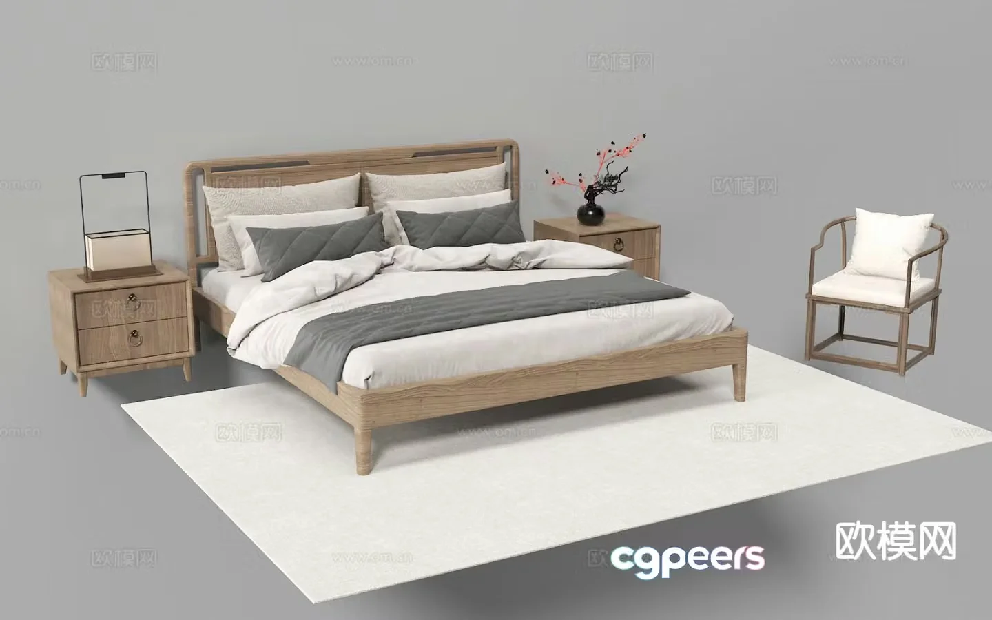 New Chinese style double bed solid wood bed 3d model