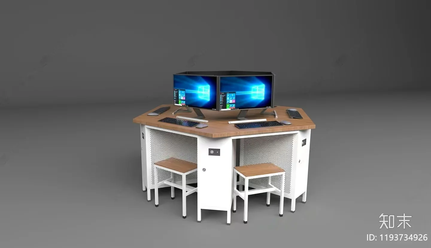 A Computer Desk With Three Monitors 3D Model – 8774 – VRAY Render