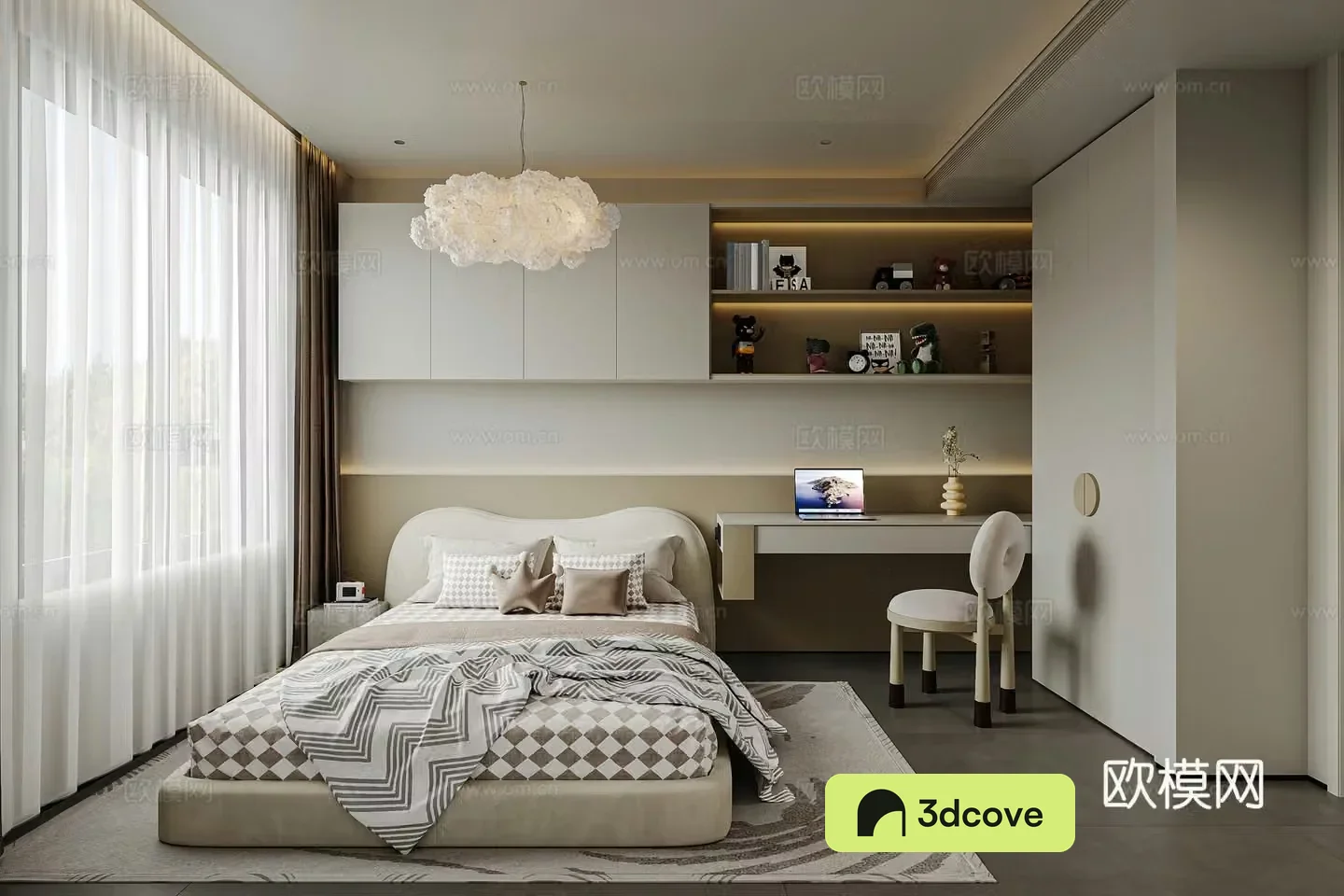 Modern creamy children’s room tatami children’s room custom cabinet desk and chair 3D model without a master lamp