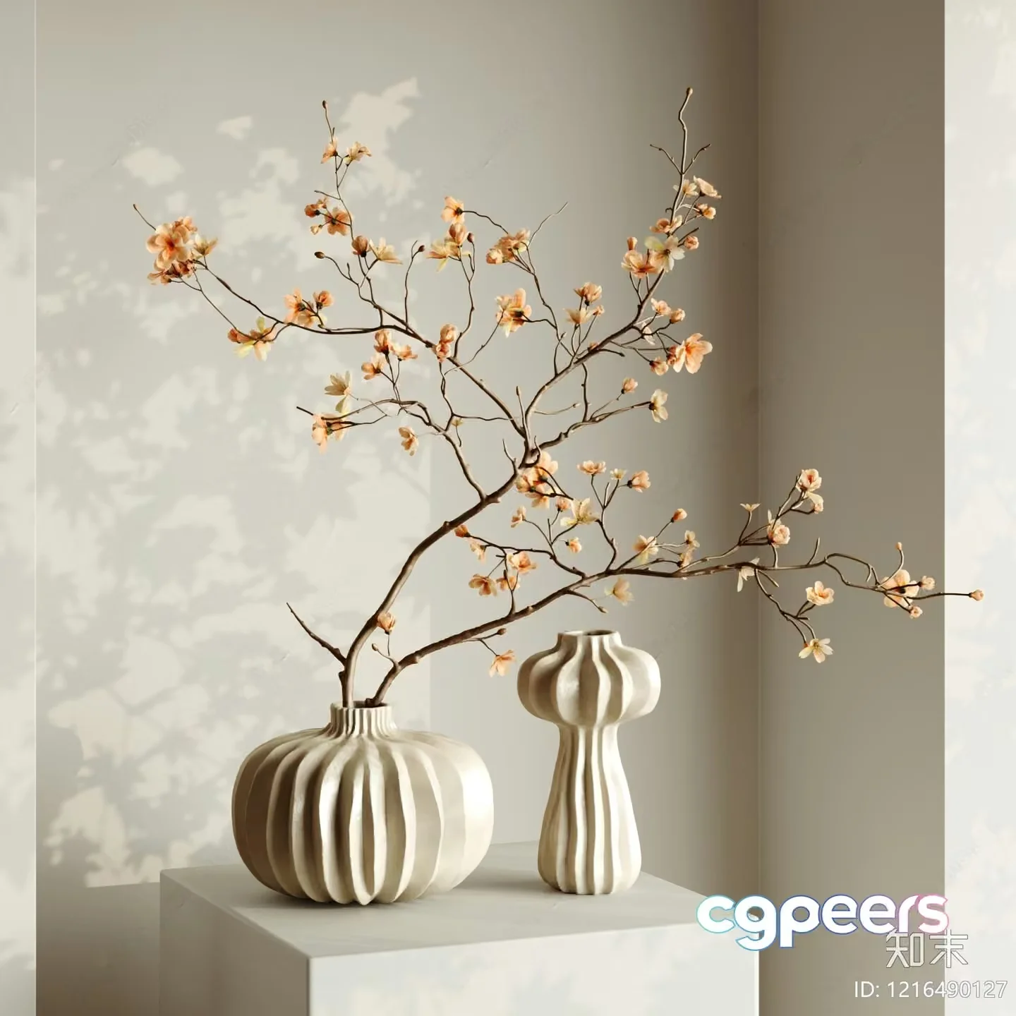 A Beige Vase With A Floral Branch 3D Model – 13450 – VRAY Render