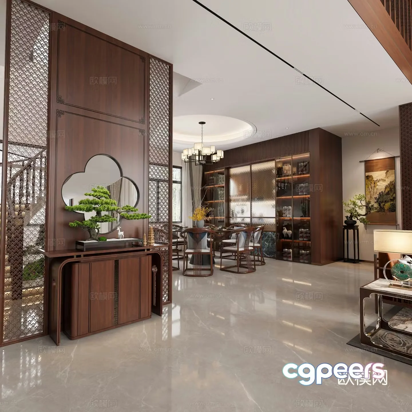 New Chinese style living and dining room New Chinese style villa New Chinese style entrance New Chinese style TV back 3D model