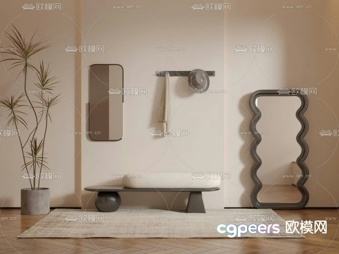 French shoe changing stool full-length mirror clothes hook 3D model