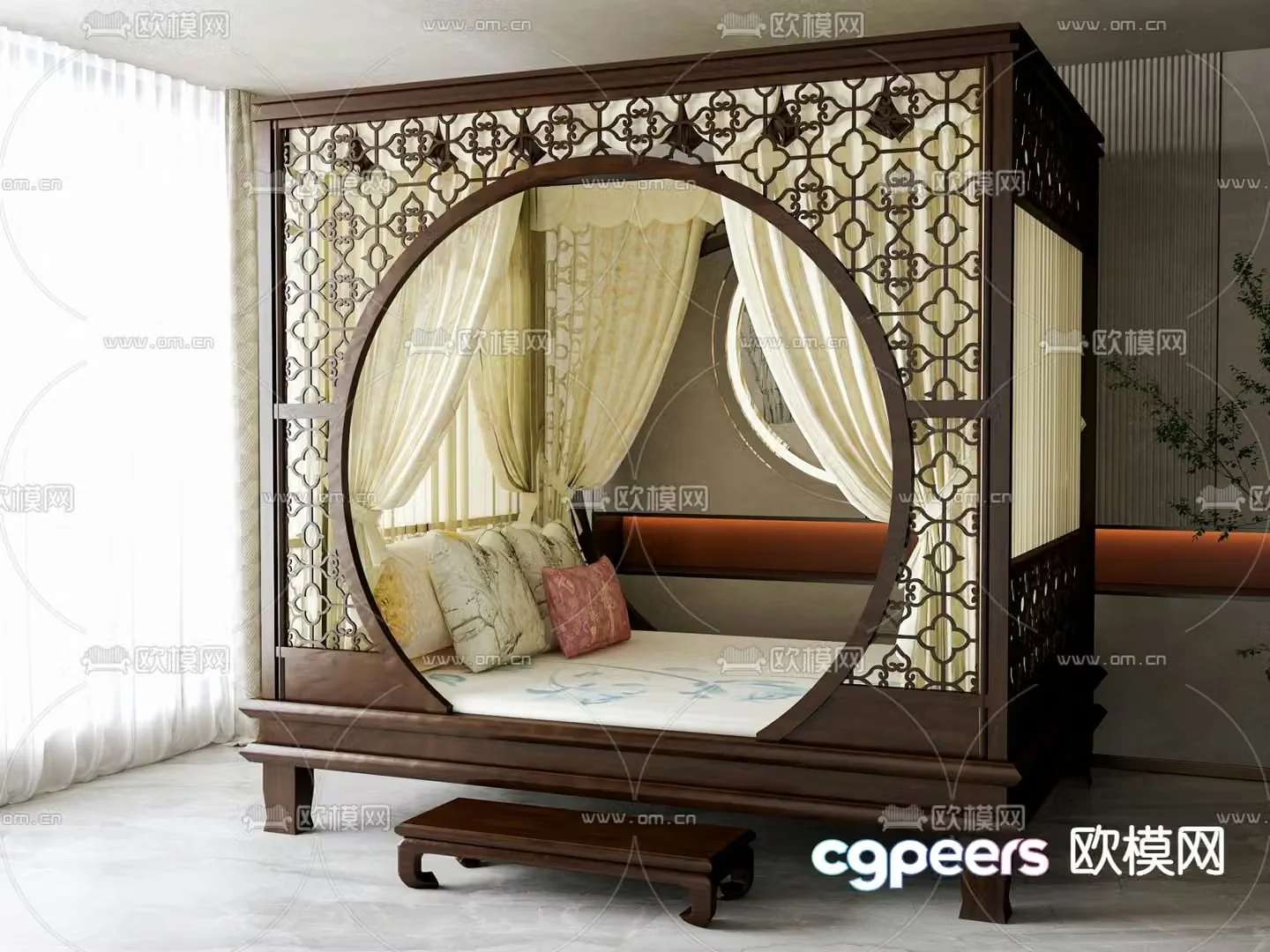 Chinese double bed 3d model