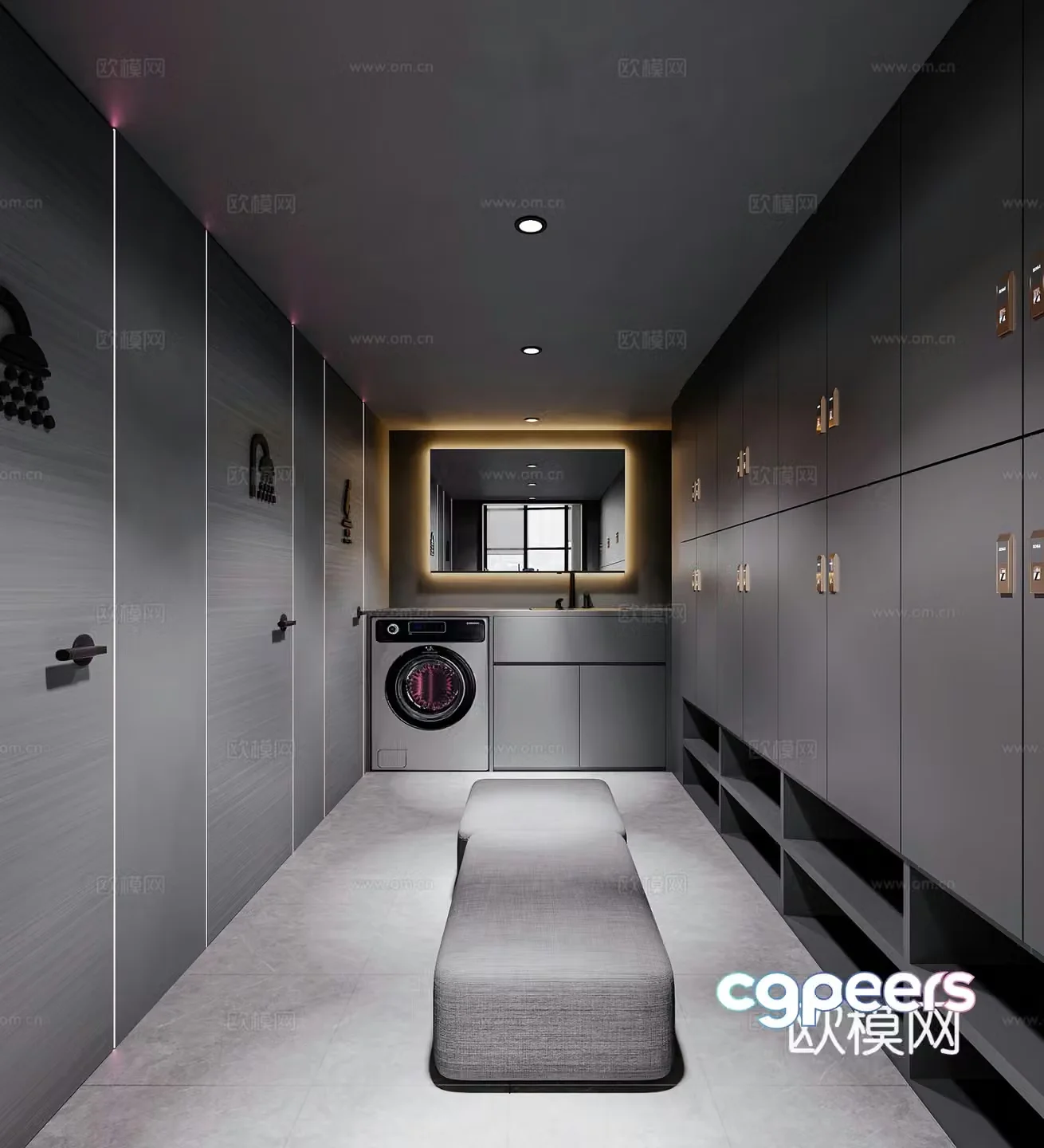 Modern dressing room dressing room work clothes washing machine gym clothing storage room 3d model