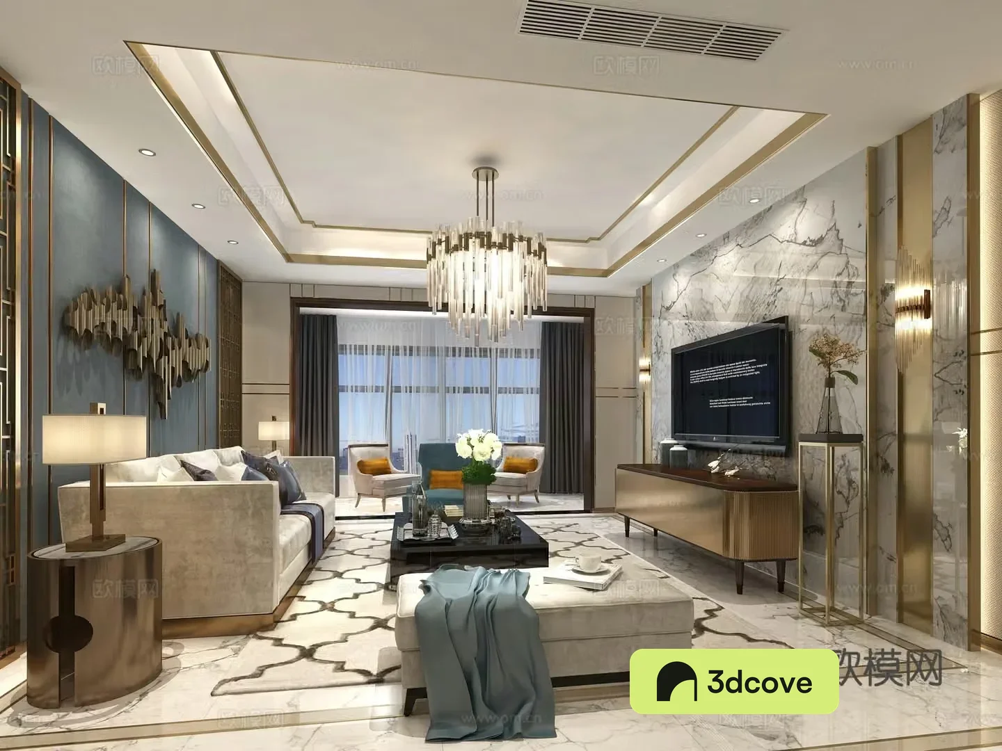 Postmodern living and dining hall entrance chandeliers desk lamps multi-person sofas coffee table decorative cabinet