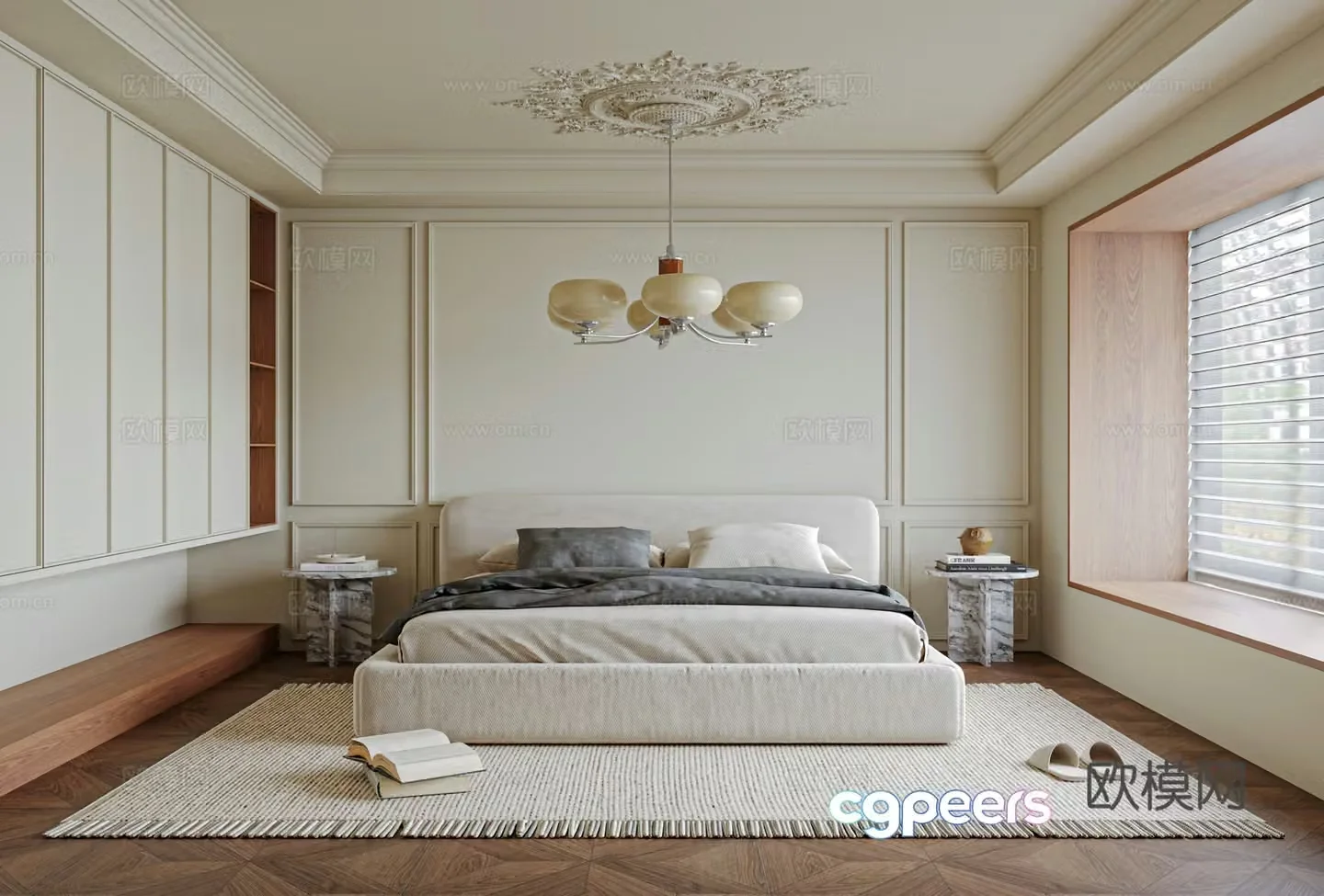 French bedroom bed nightstand accessories curtains carpet 3d model