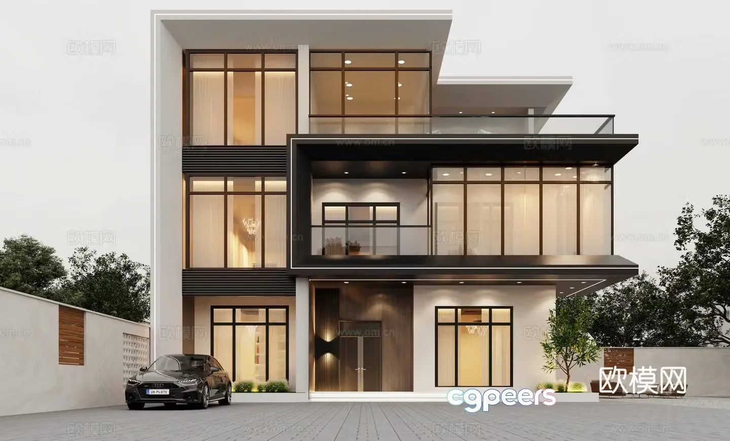 Modern villa exterior villa facade single-family villa three-story residential building floor-to-ceiling windows 3D model