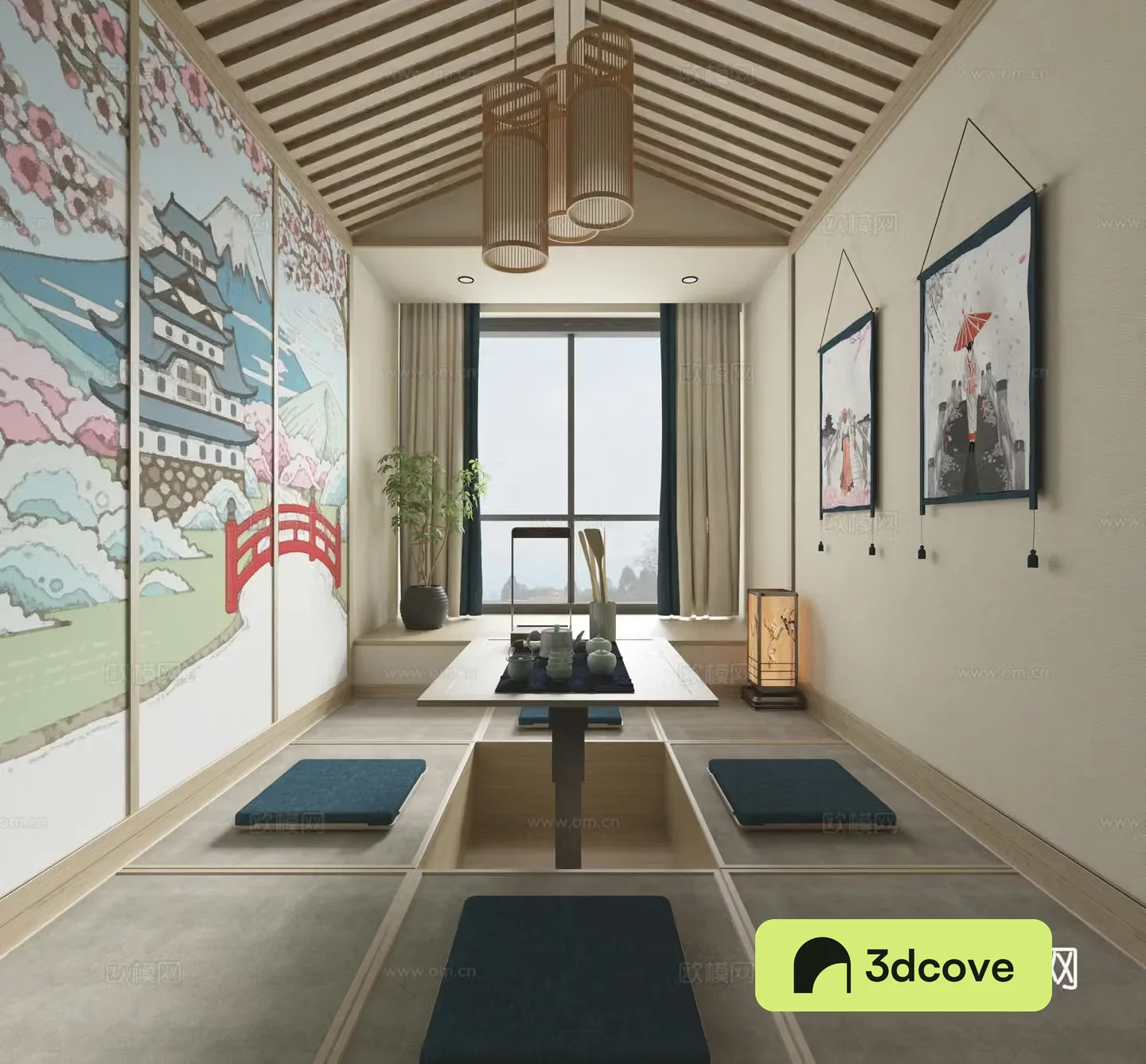 Japanese new Chinese tatami Japanese tatami room Chinese tea room tea set hanging flag tatami