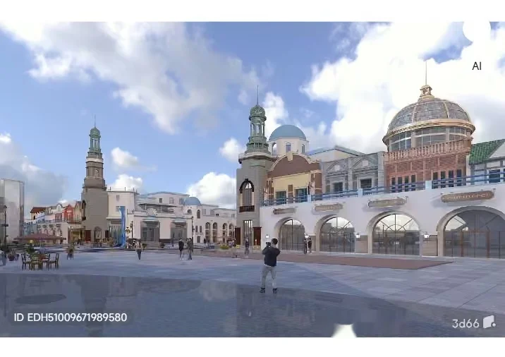 A 3D Rendering Of A Large Plaza With Buildings And A Blue Sky 3D Model – 6676 – VRAY Render