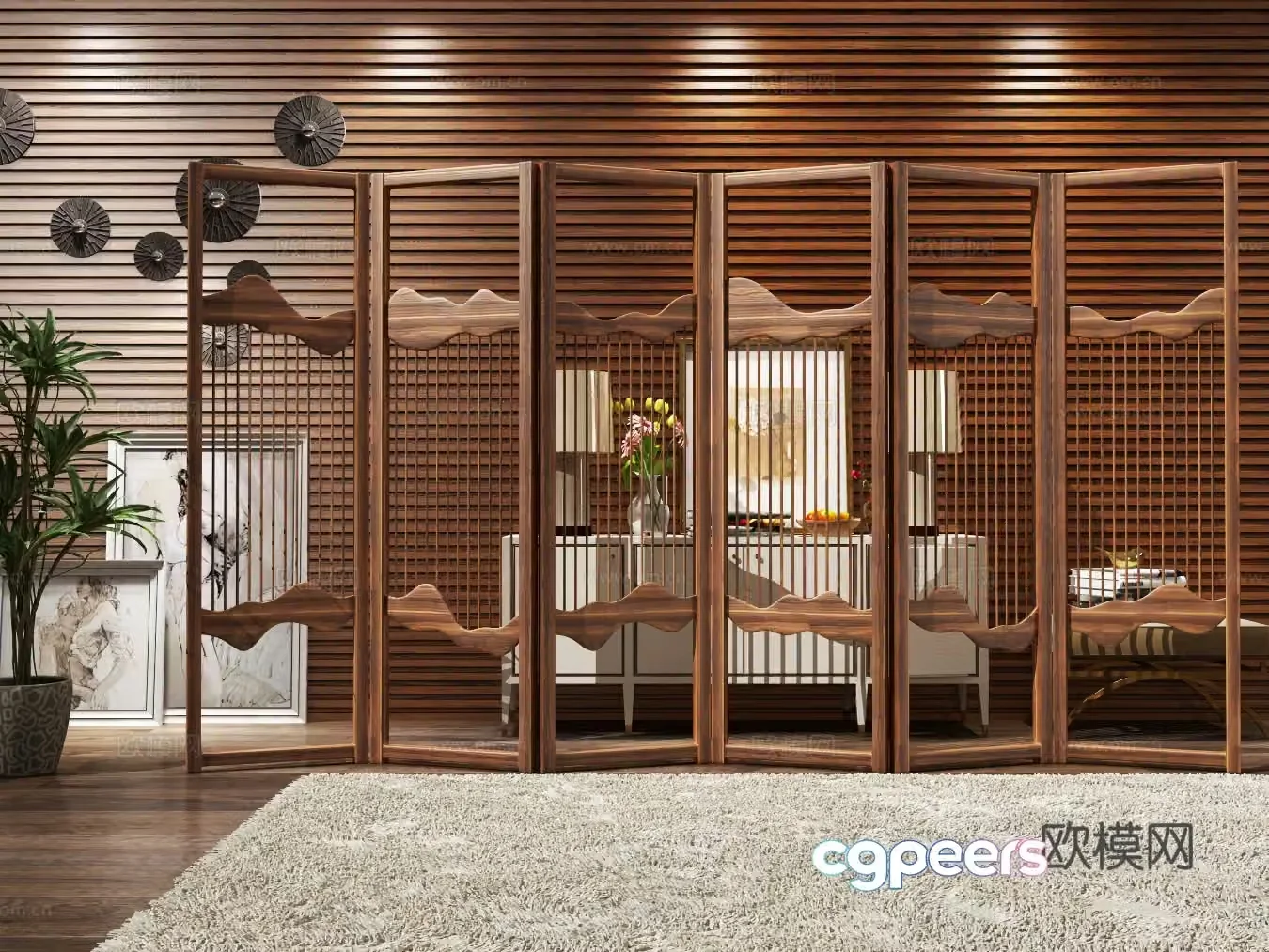 New Chinese style solid wood screen green plant side cabinet carpet 3D model