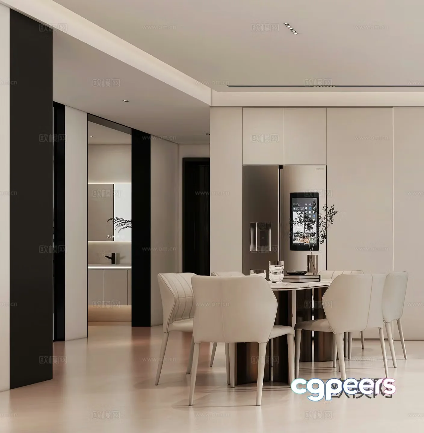 Modern restaurant Creamy restaurant Modern living restaurant Simple dining table Refrigerator Washing table 3d model