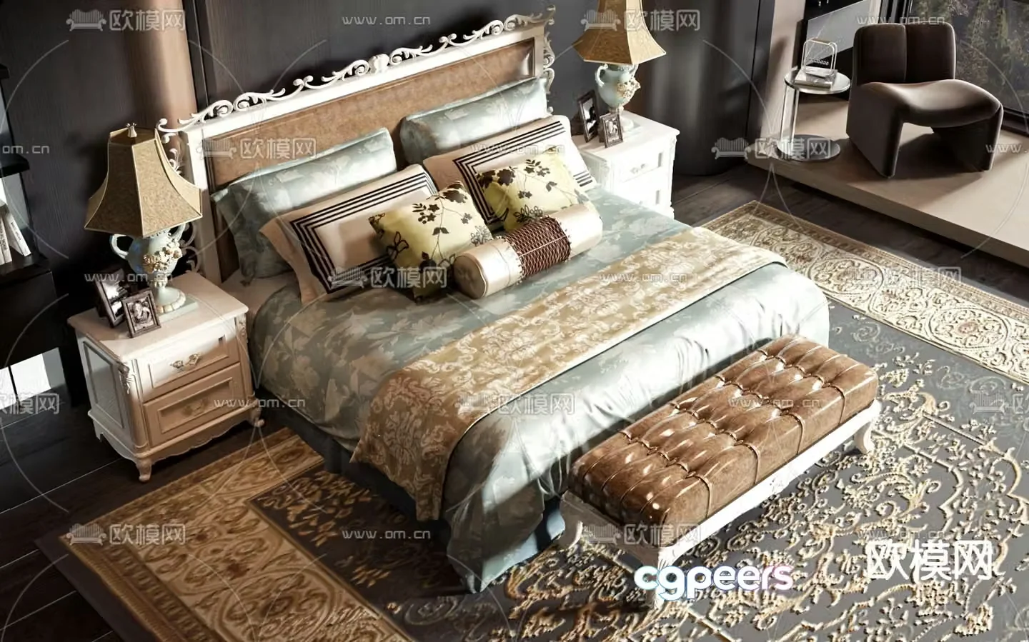 European double bed 3d model