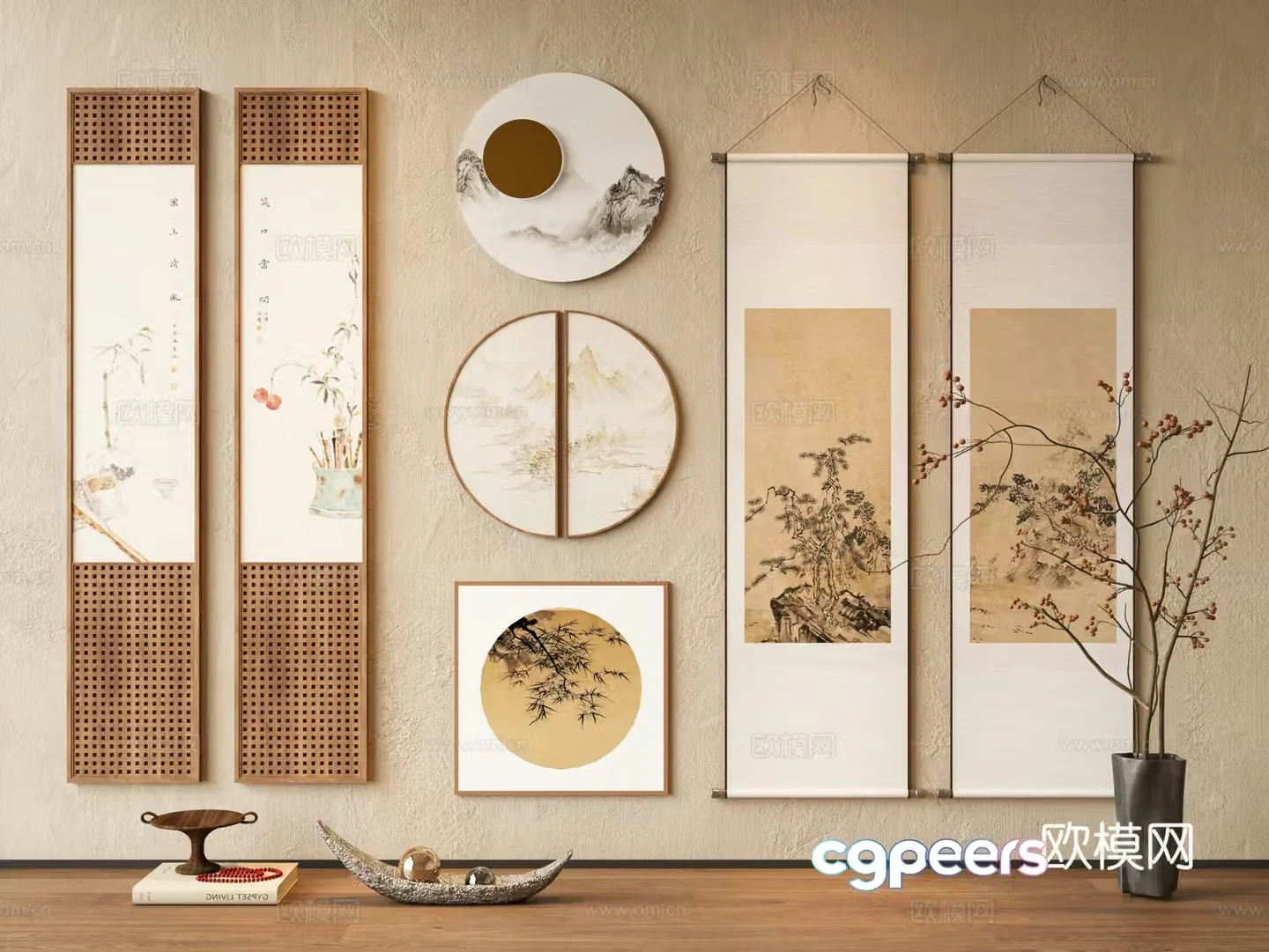 New Chinese style Zen hanging paintings New Chinese style decorative paintings Scroll paintings Entrance hanging paintings Living room hanging paintings 3D model of study