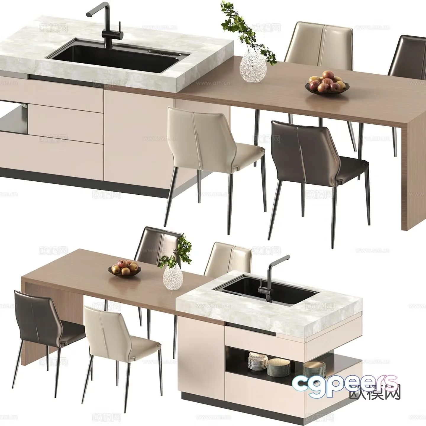 Modern island dining table and chairs island 3d model