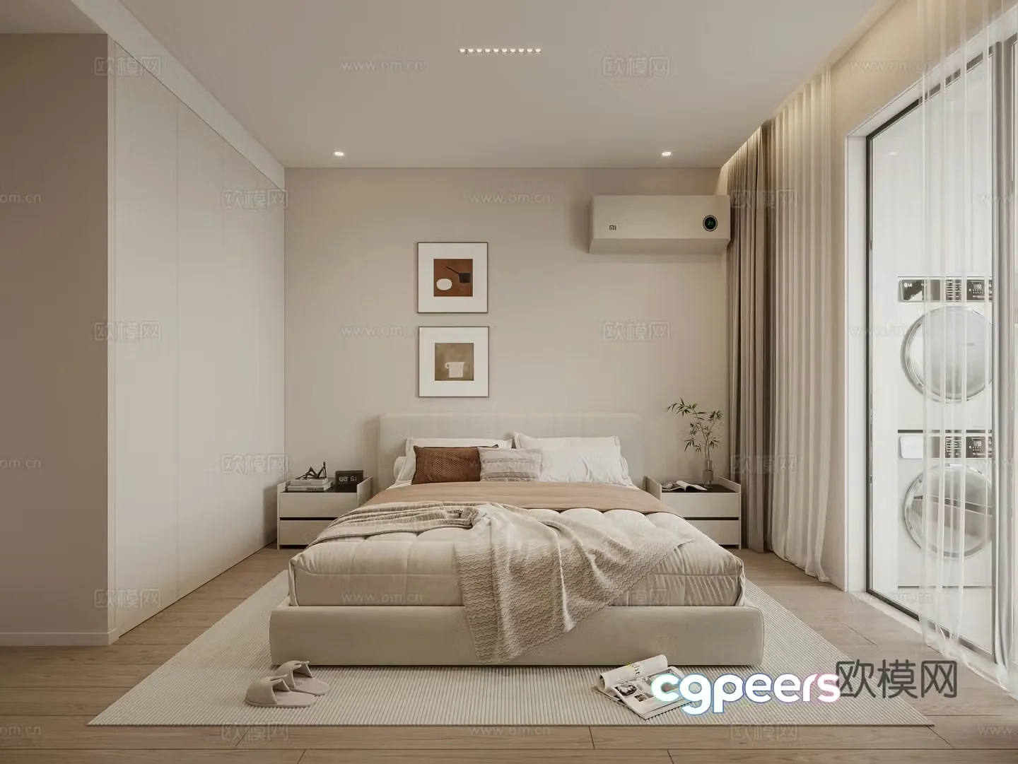Modern creamy bedroom double bed nightstand air conditioner curtains carpet hanging paintings 3d model